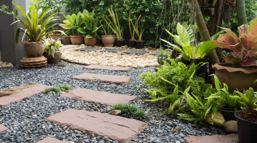 yard with rocks and stone path surounded by tropical plants